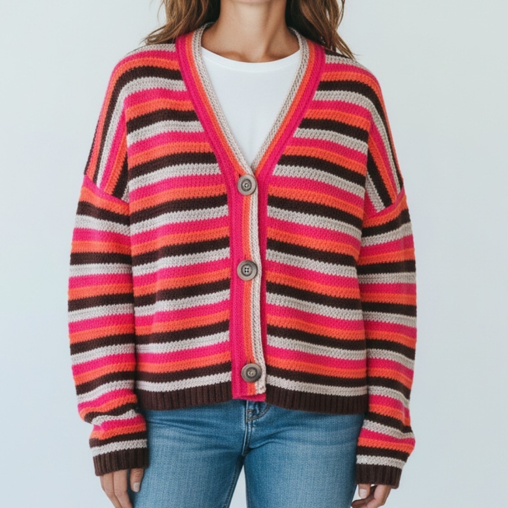 Lisa Todd Womens Neon Striped Pop‎ Cardi Cardigan Sweater Medium